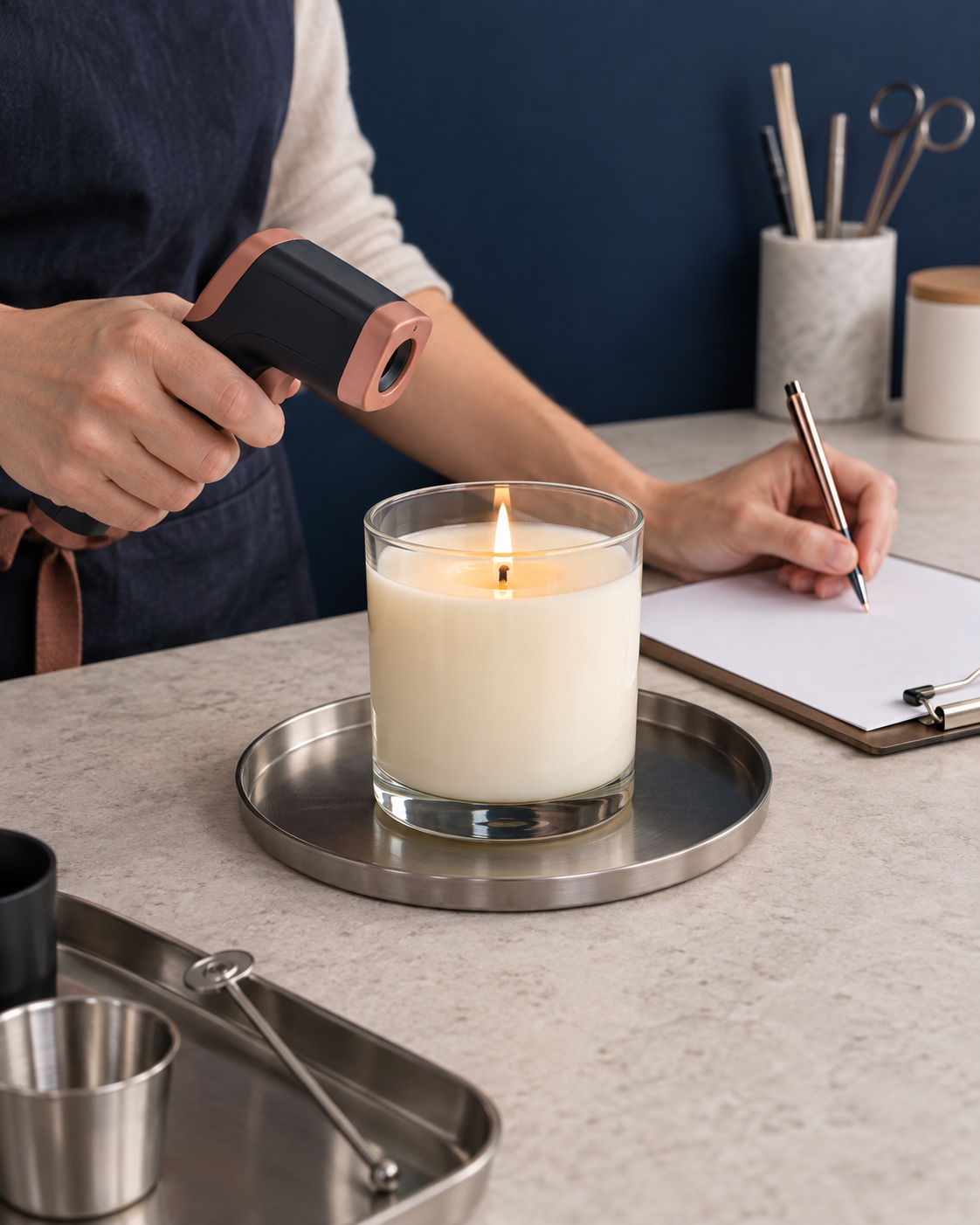 Artesã medindo à distância a temperatura de um recipiente durante teste controlado de vela
