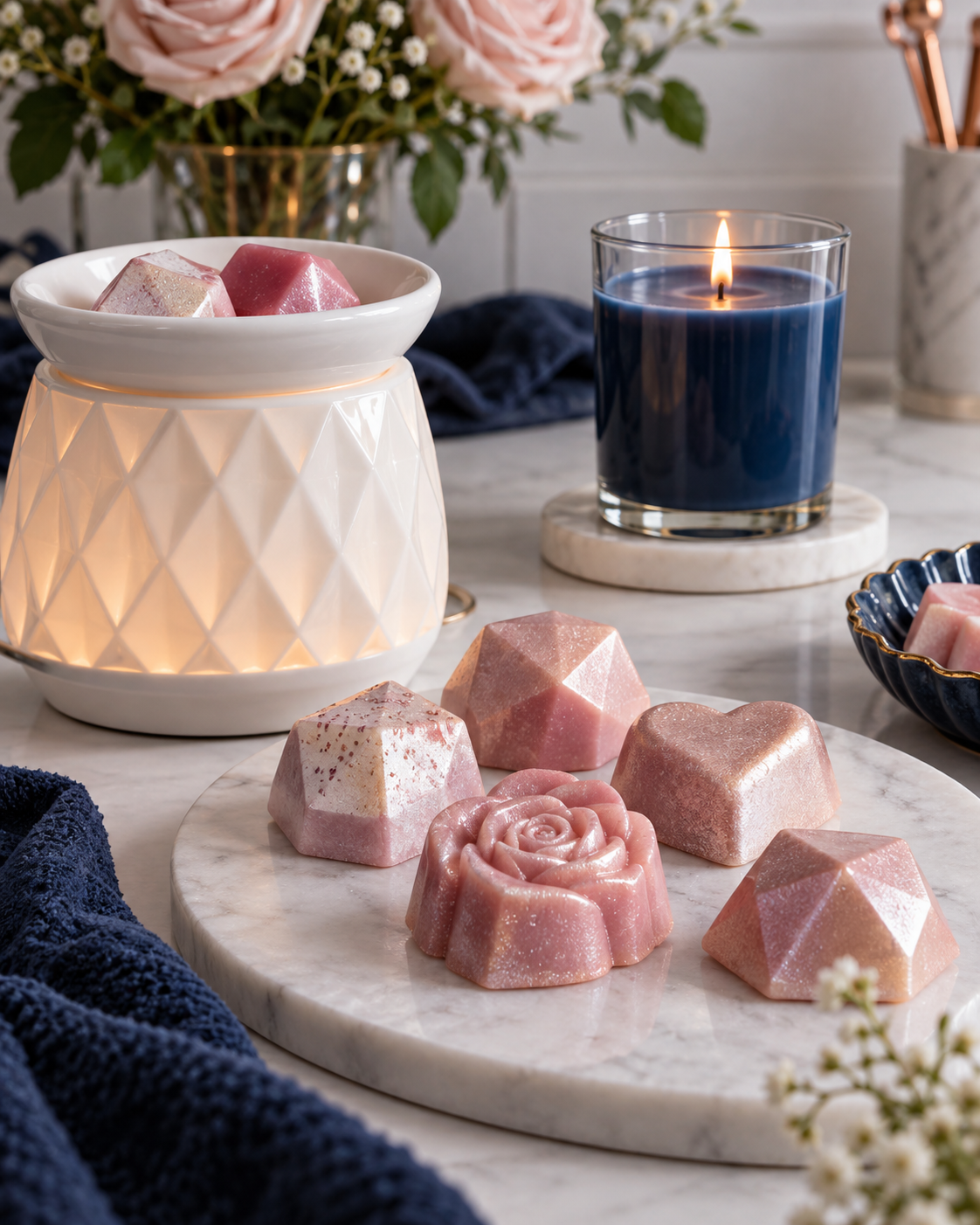 Wax melts com mica perolada ao lado de vela colorida com corante adequado