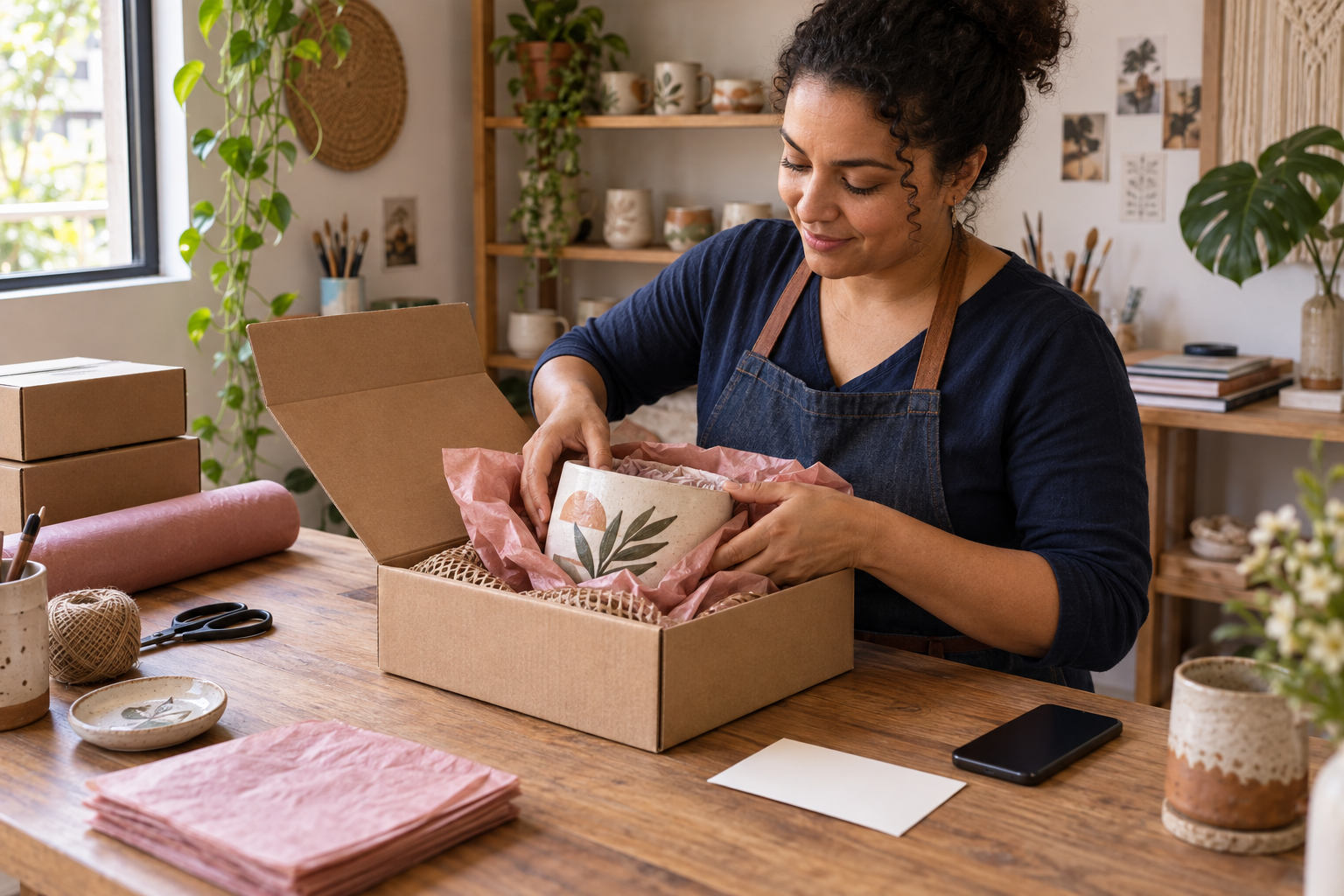 5 Erros que Estão Impedindo Você de Vender Seu Artesanato (e Como Corrigi-los) 18 Artesã calculando custos de materiais e embalagem com uma calculadora
