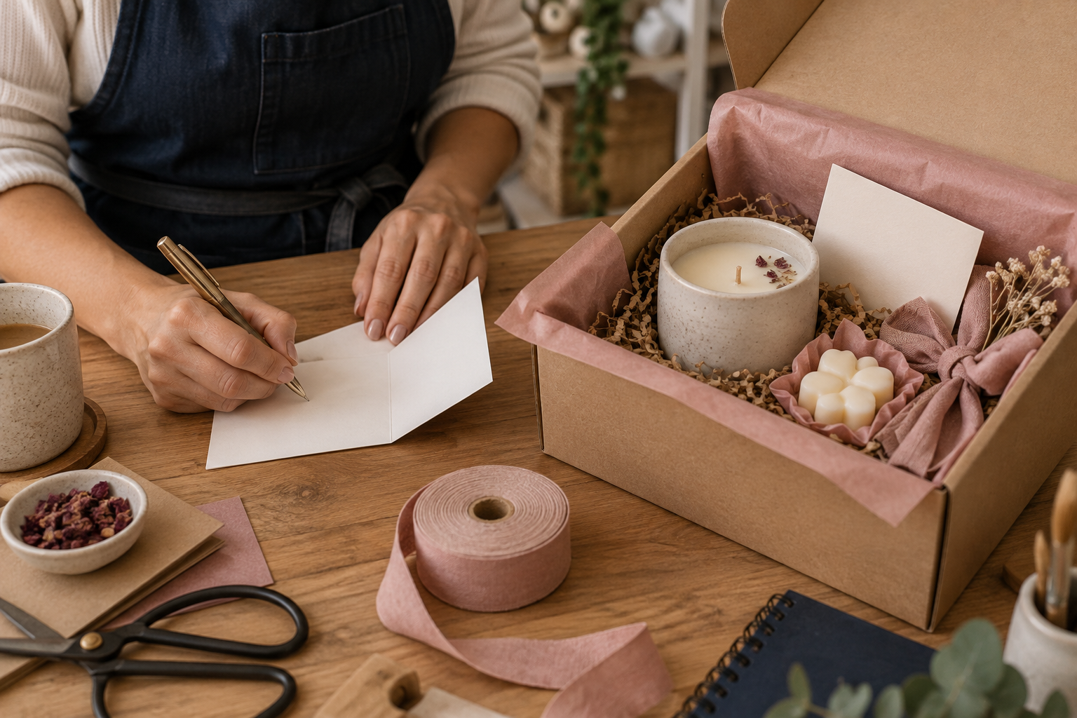 Artesã acomodando uma vela artesanal em caixa com papel de proteção