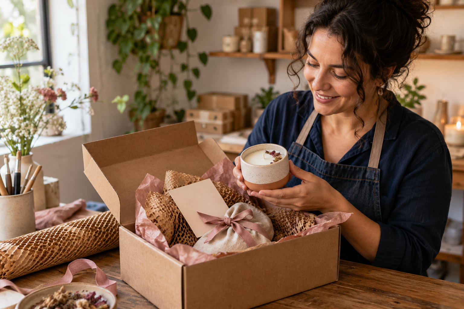Artesã medindo uma caixa adequada para uma vela artesanal e seus materiais de proteção