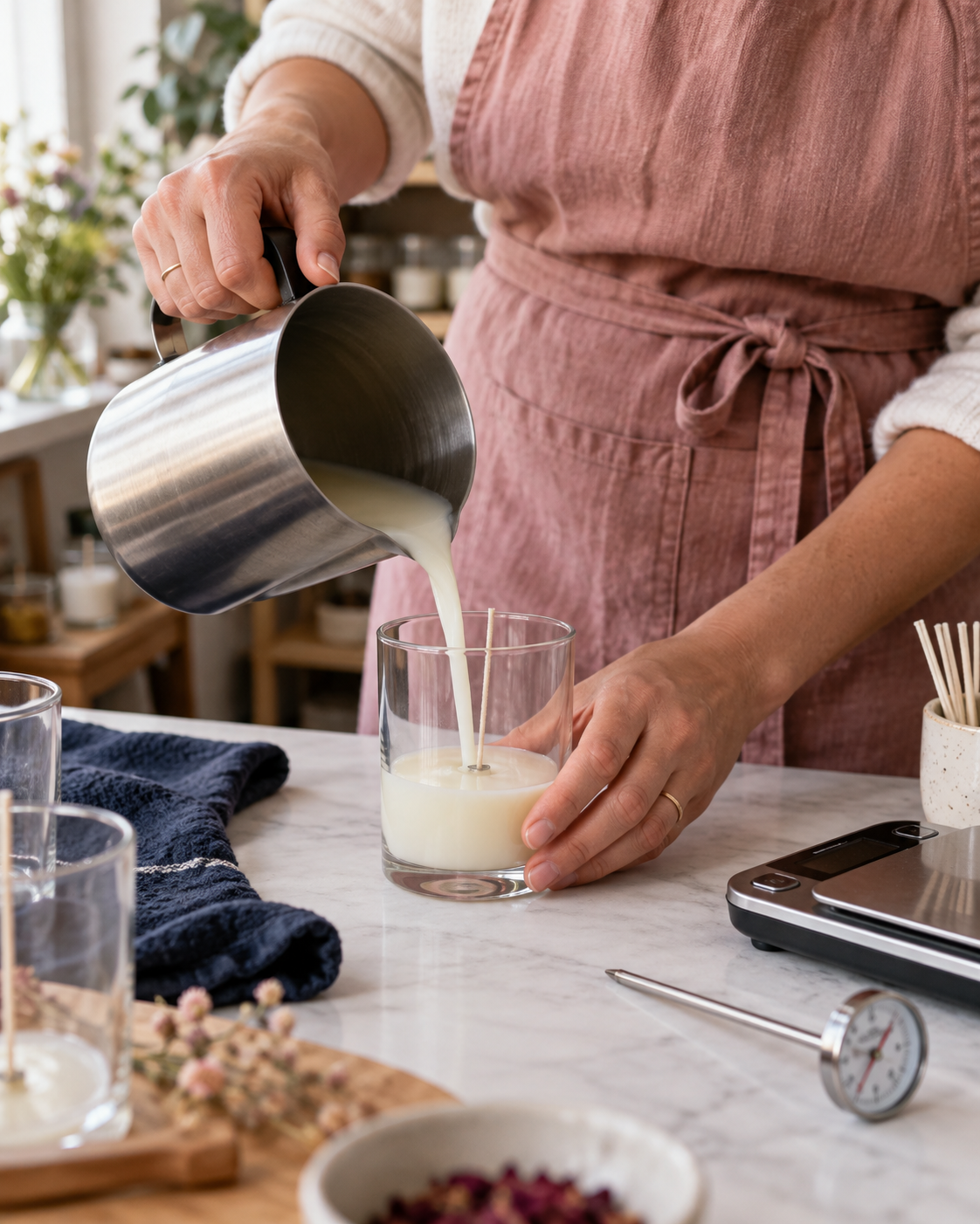 Artesã despejando cera vegetal cremosa em recipiente de vidro para vela