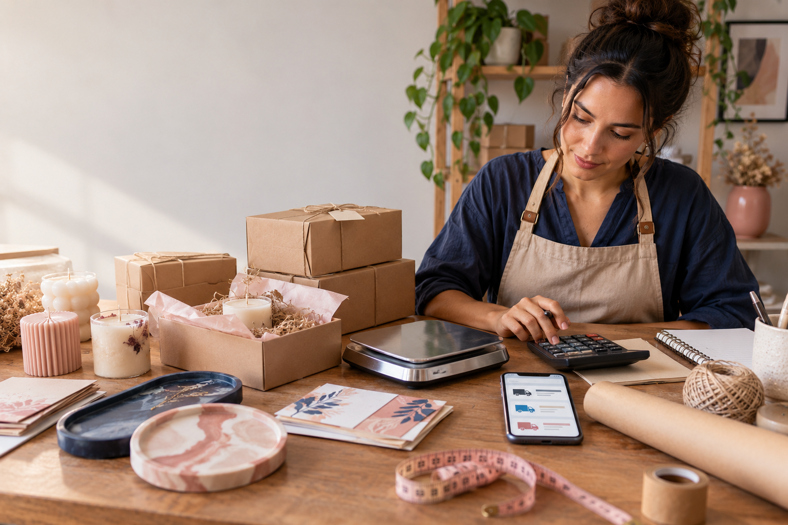 Artesã medindo uma caixa de envio com fita métrica e balança ao lado