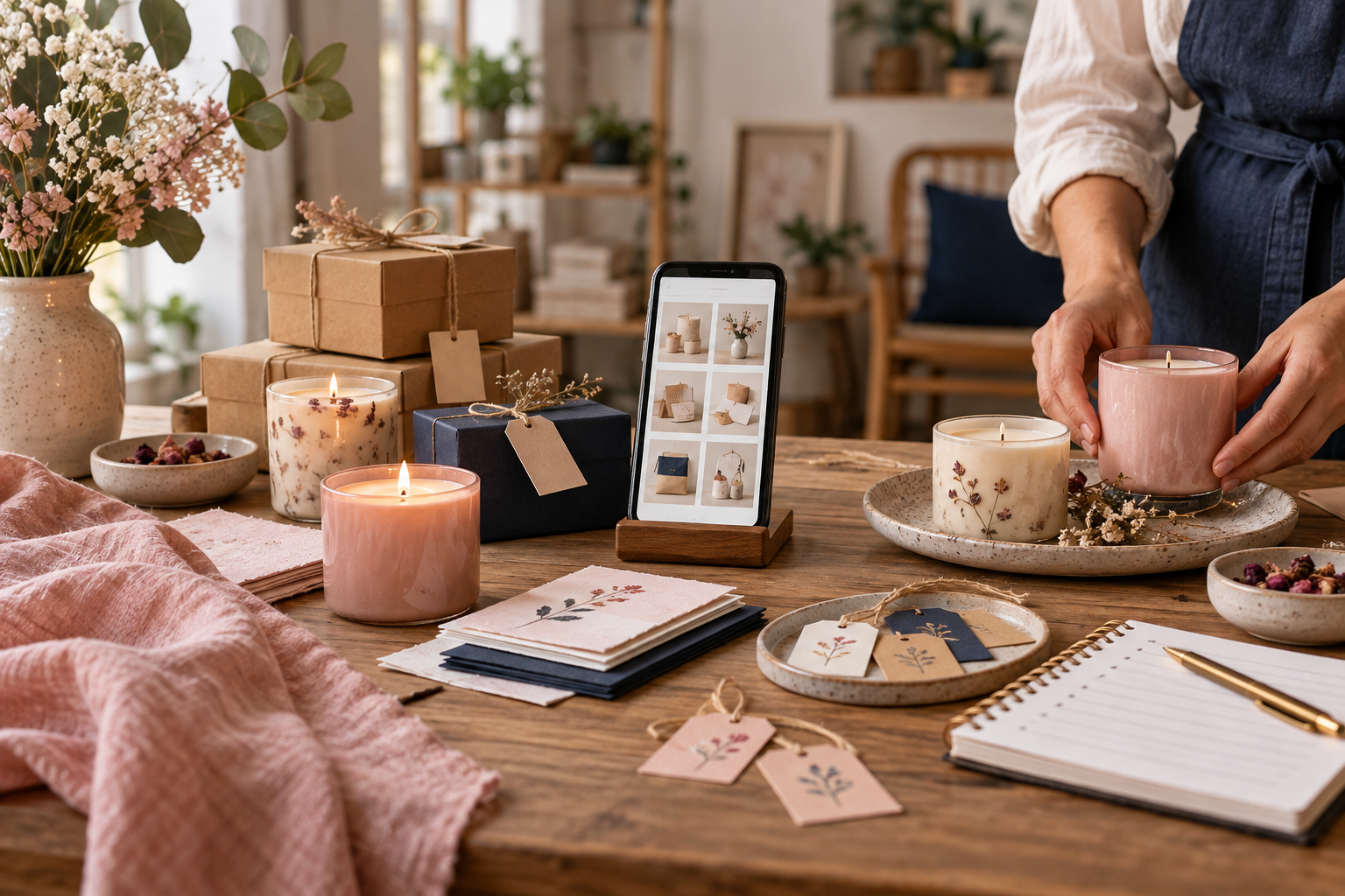 Artesã organizando produtos artesanais e fichas de catálogo em uma mesa de trabalho