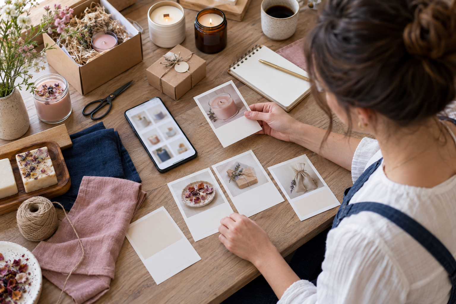 Artesã analisando fotos e fichas de produtos para montar um catálogo artesanal