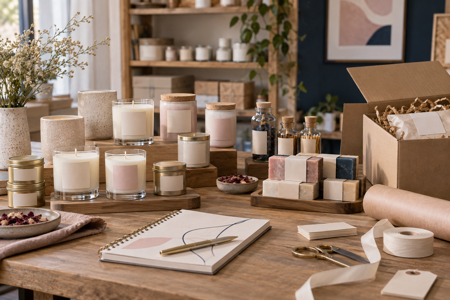 Produtos artesanais organizados por coleção em uma bancada de ateliê