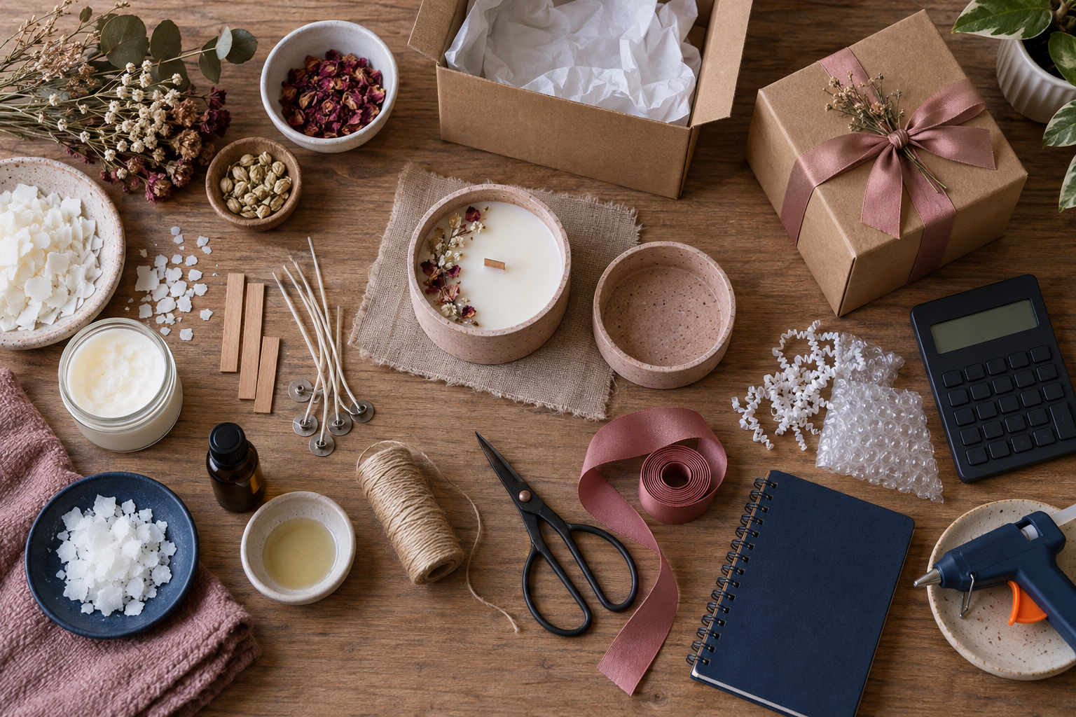 Materiais, embalagem e ferramentas organizados para calcular o custo de um produto artesanal