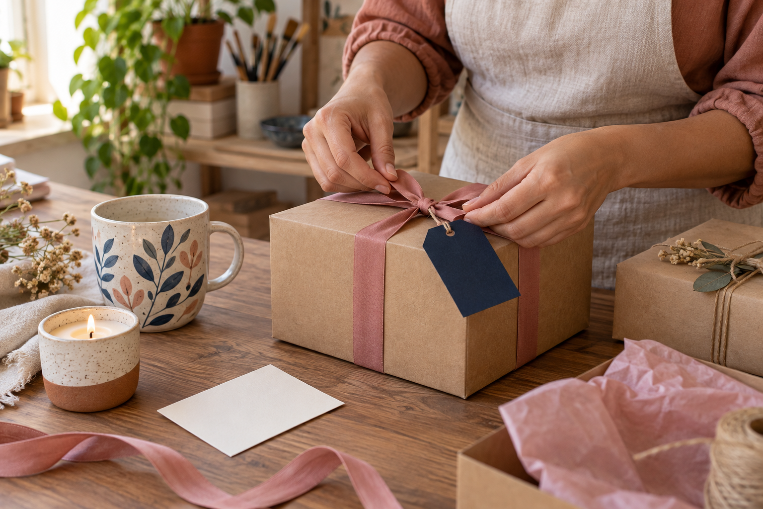 Artesã finalizando a embalagem de um produto artesanal com fita rosé e etiqueta azul-marinho