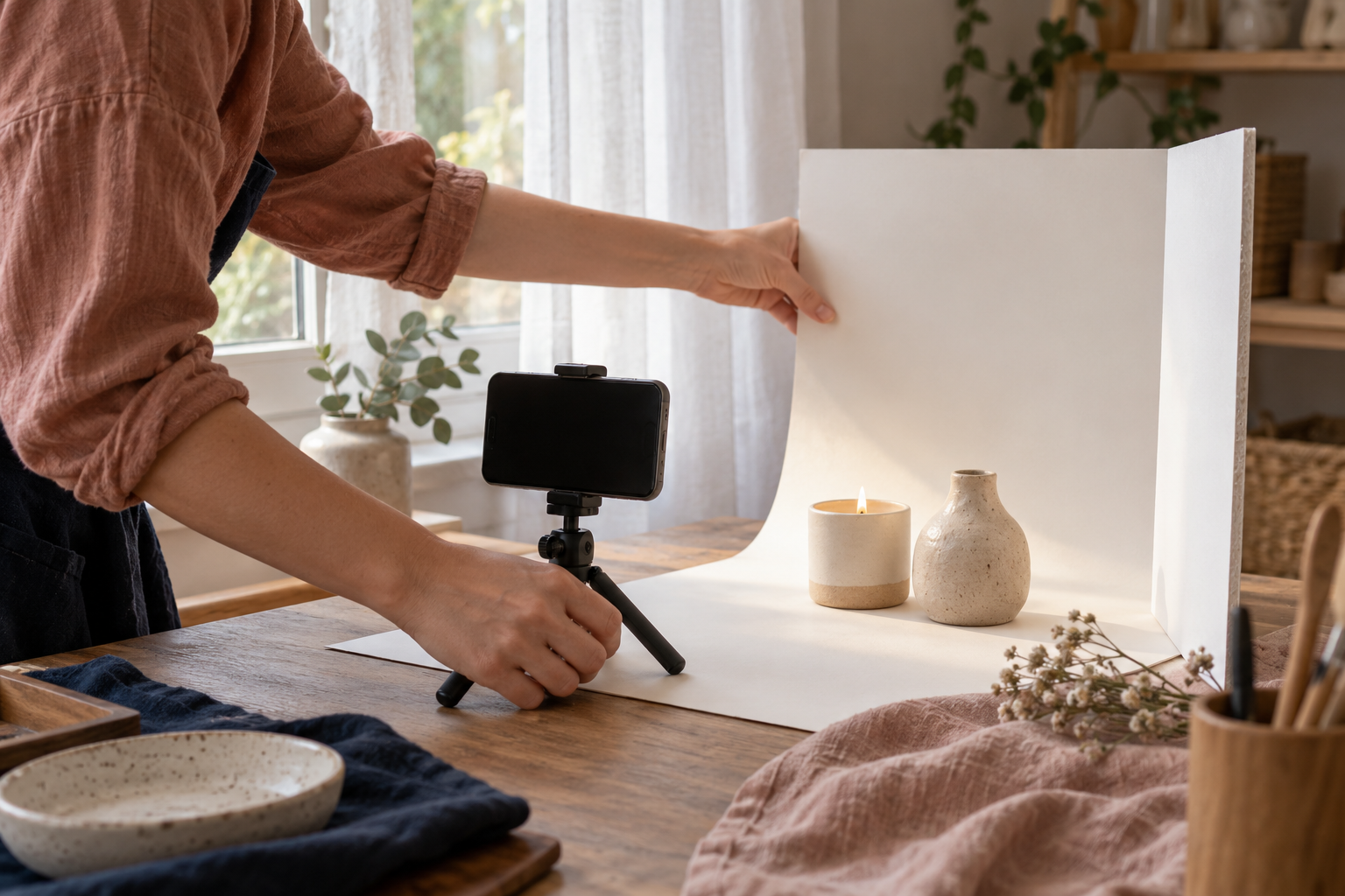 Artesã ajustando um rebatedor branco ao lado de uma vela e de um celular em tripé