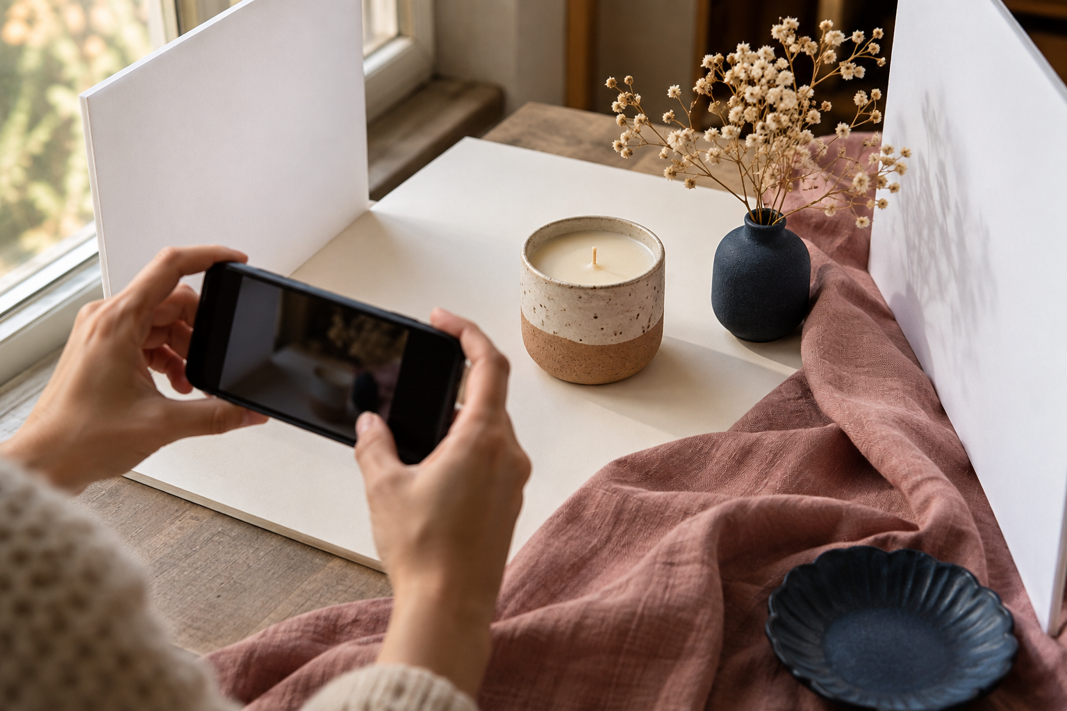 Artesã fotografando vela artesanal com celular, luz natural e rebatedores brancos