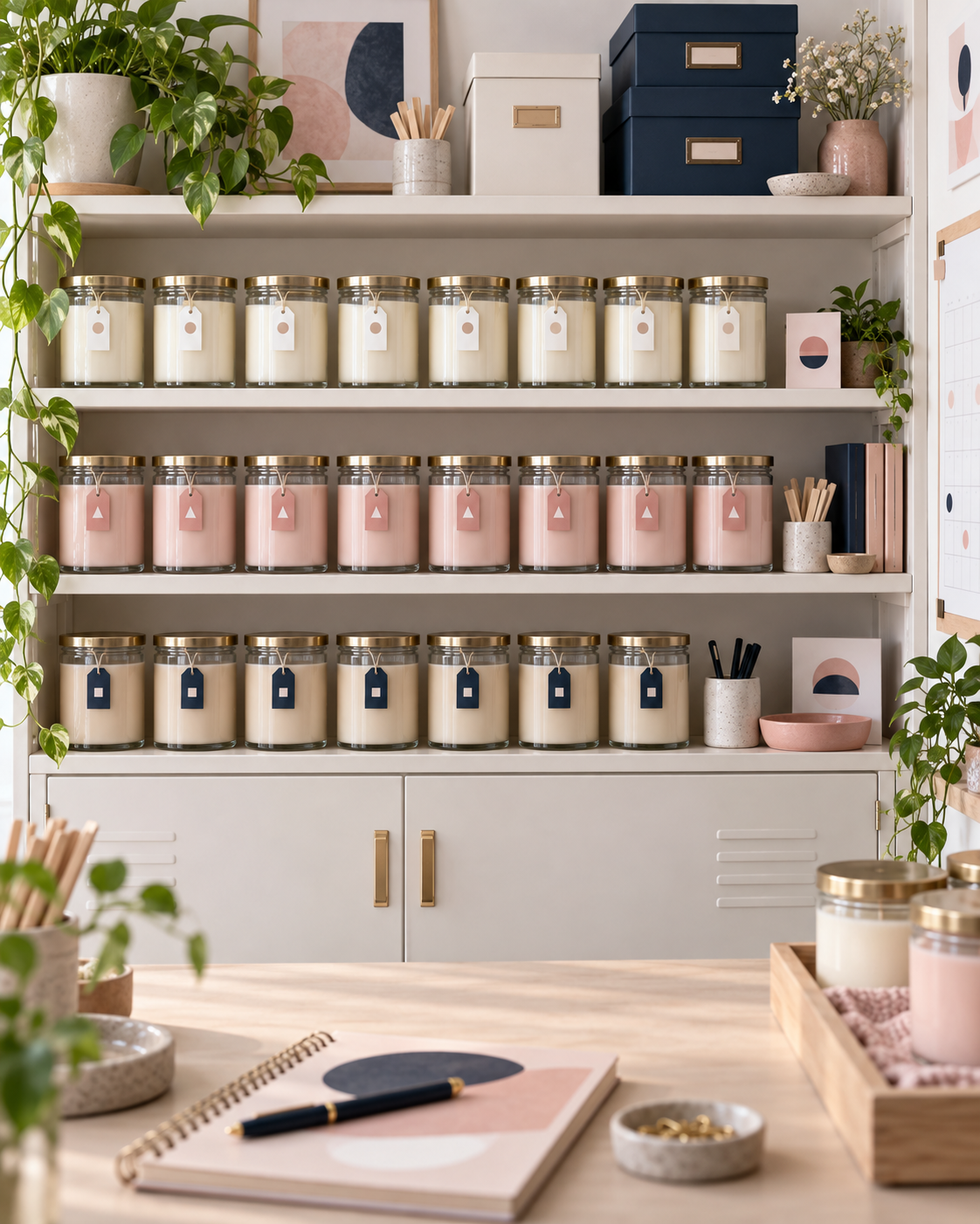 Velas aromáticas organizadas por lote e tempo de cura