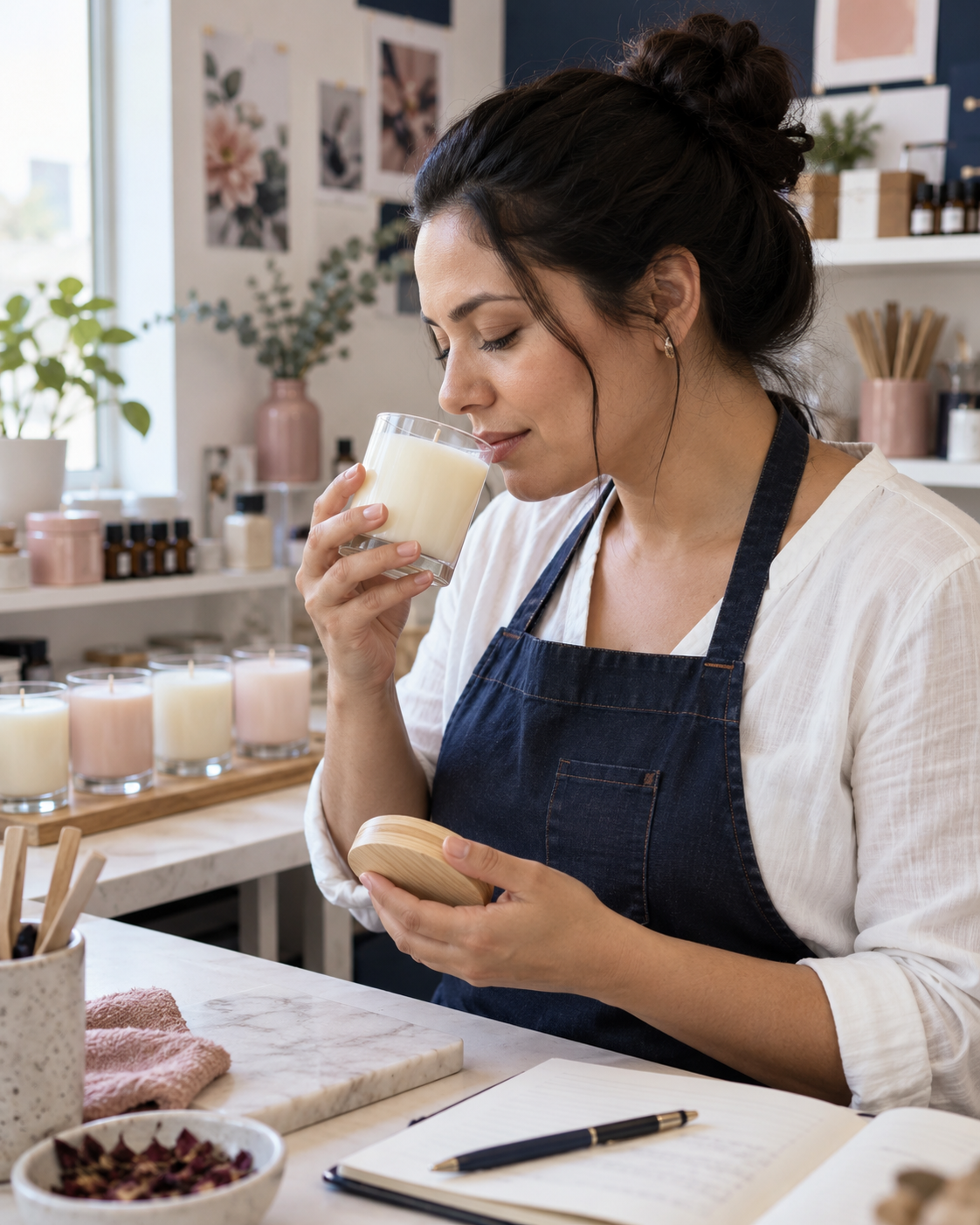 Artesã avaliando o cold throw de uma vela aromática apagada