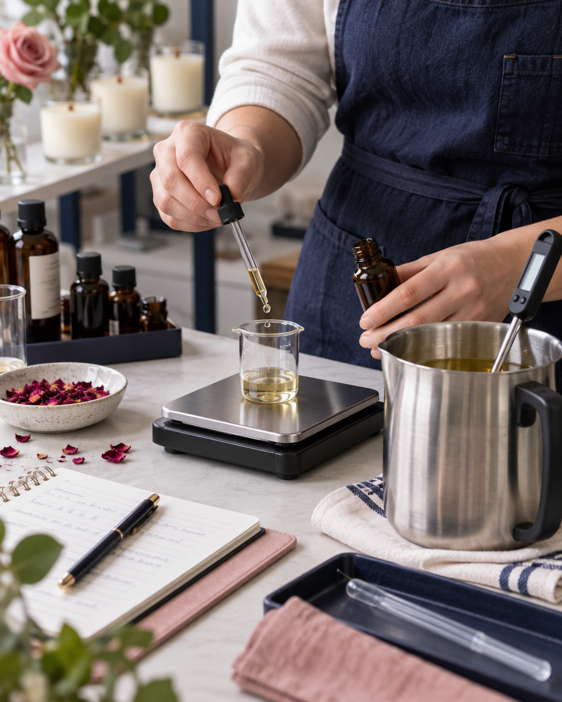 Pesagem precisa de essência para produção de vela aromática