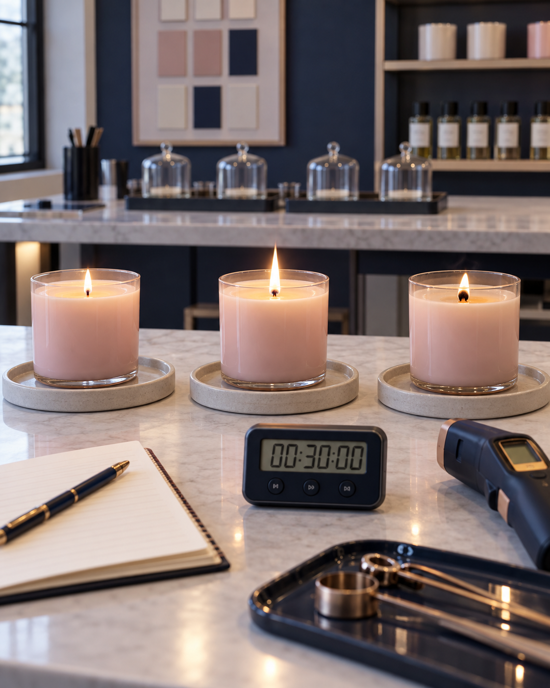 Comparação de pavios durante teste de hot throw em velas artesanais