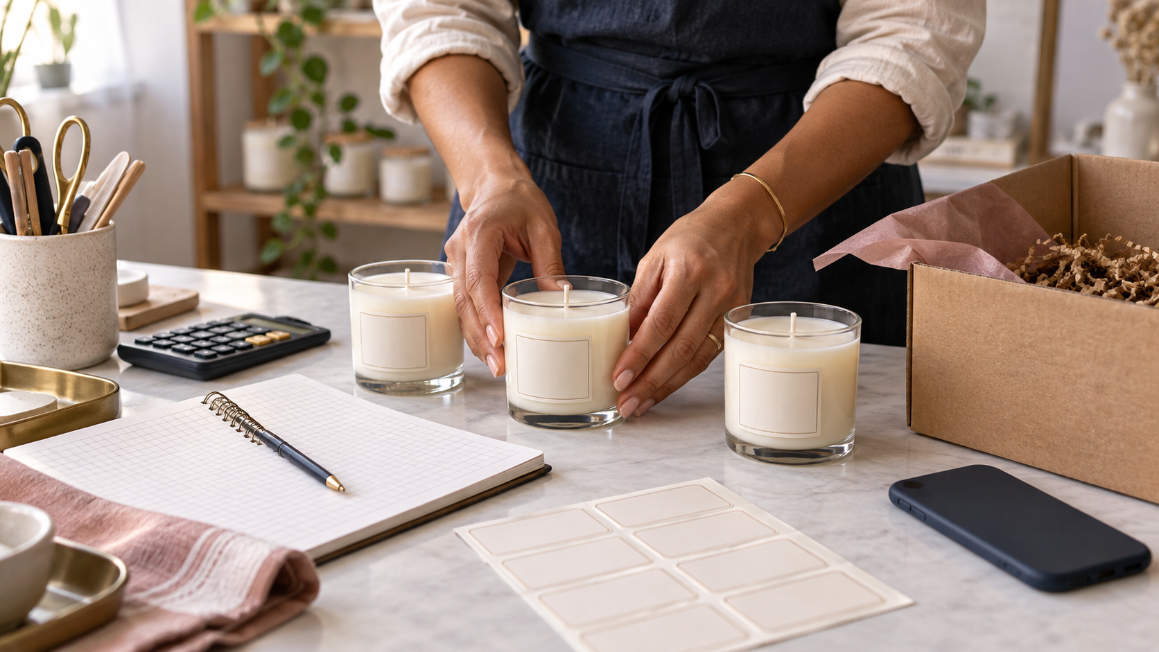Artesã organizando velas, rótulos e fichas de produção para começar a vender velas artesanais