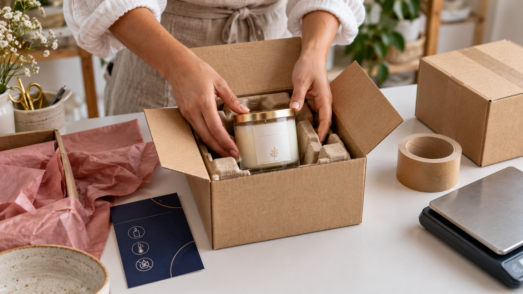 Artesã embalando uma vela de vidro com proteção adequada para venda pela internet
