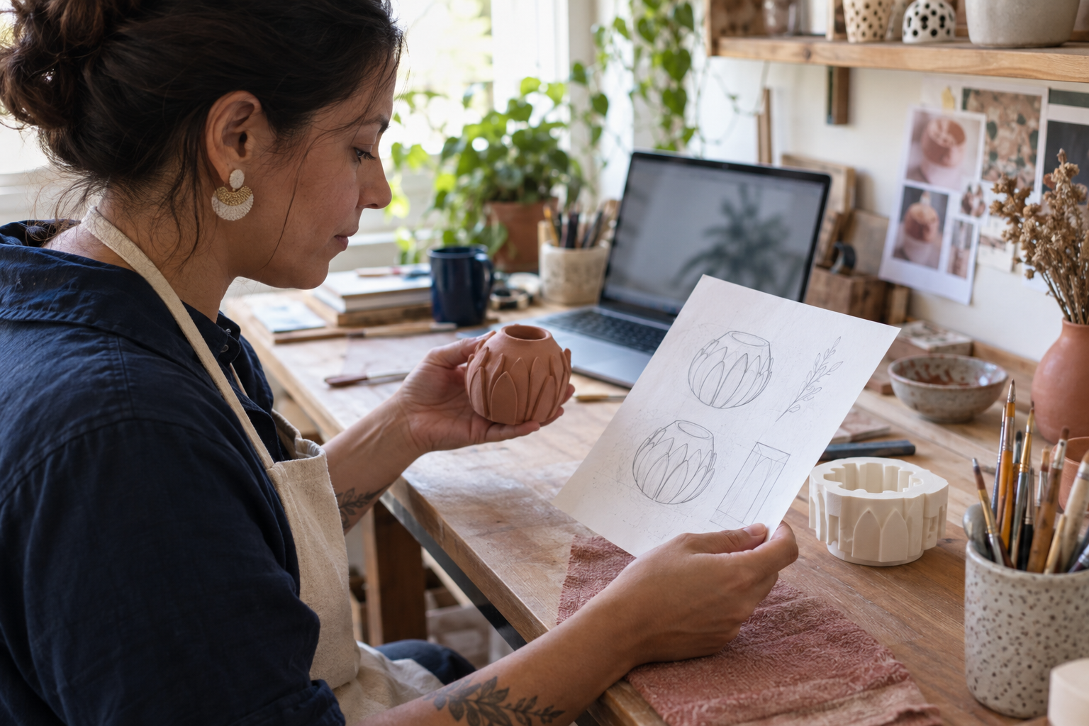 Artesã bordando à mão em ateliê contemporâneo