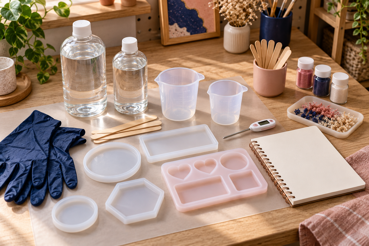 Bancada organizada com resina epóxi, moldes de silicone, copos e ferramentas