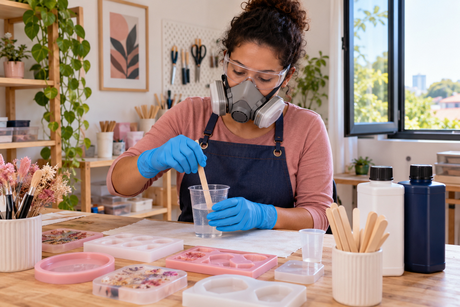Artesã usando proteção respiratória e luvas enquanto trabalha com resina epóxi