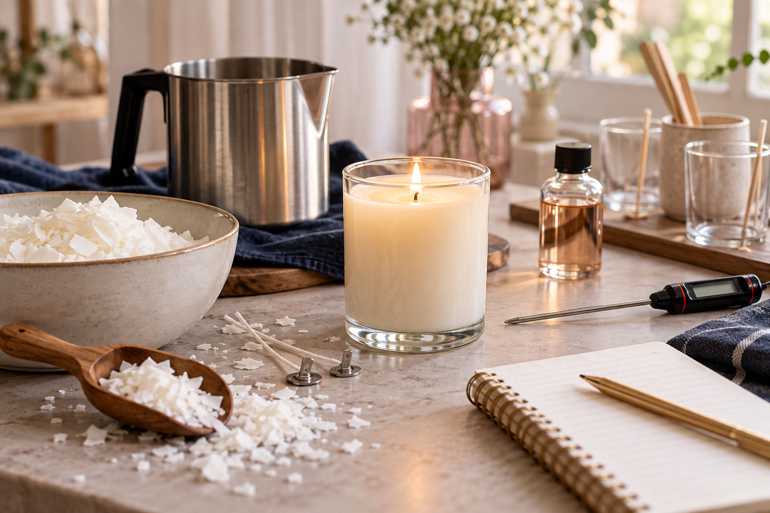 Vela artesanal de parafina acesa em pote de vidro com flocos de parafina, fragrância e materiais de produção