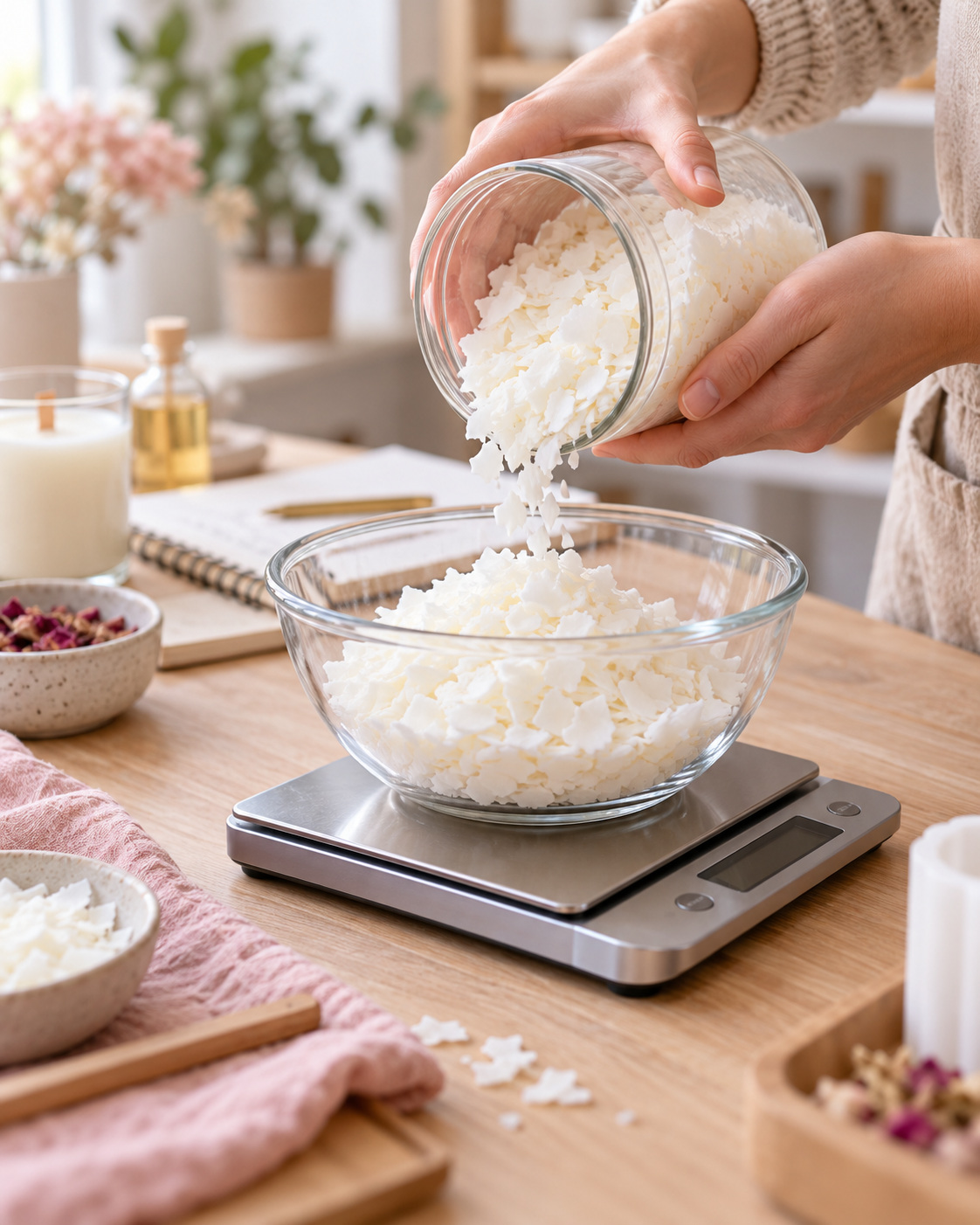 Pesagem de flocos de cera de coco em balança de precisão para fazer uma vela artesanal