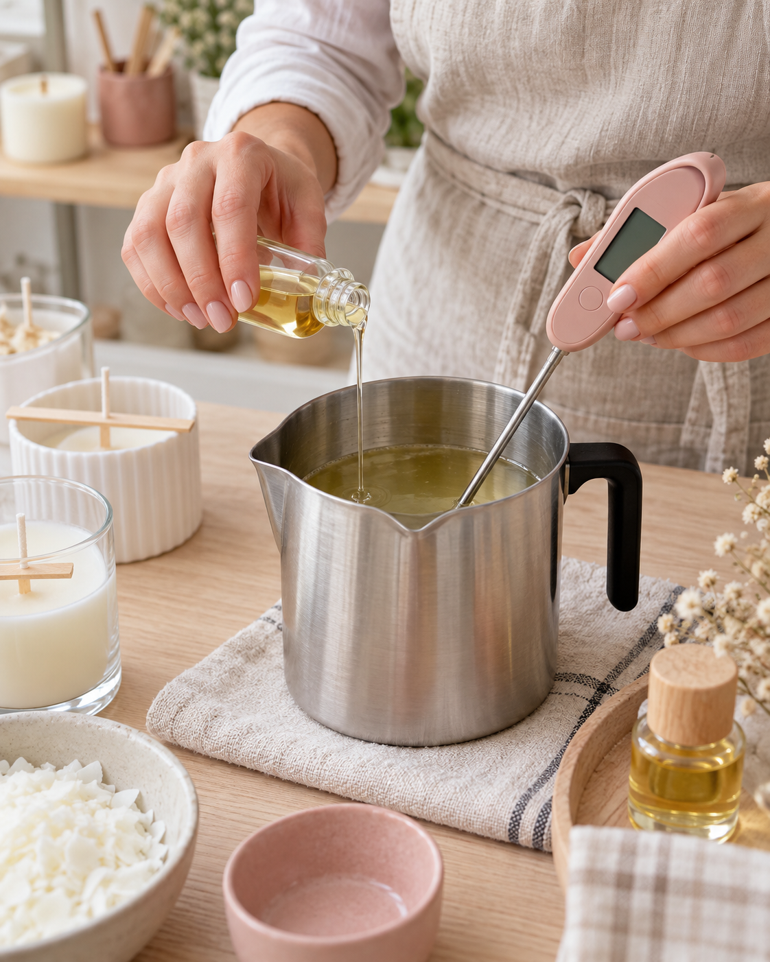 Artesã adicionando fragrância à cera de coco enquanto mede a temperatura com termômetro