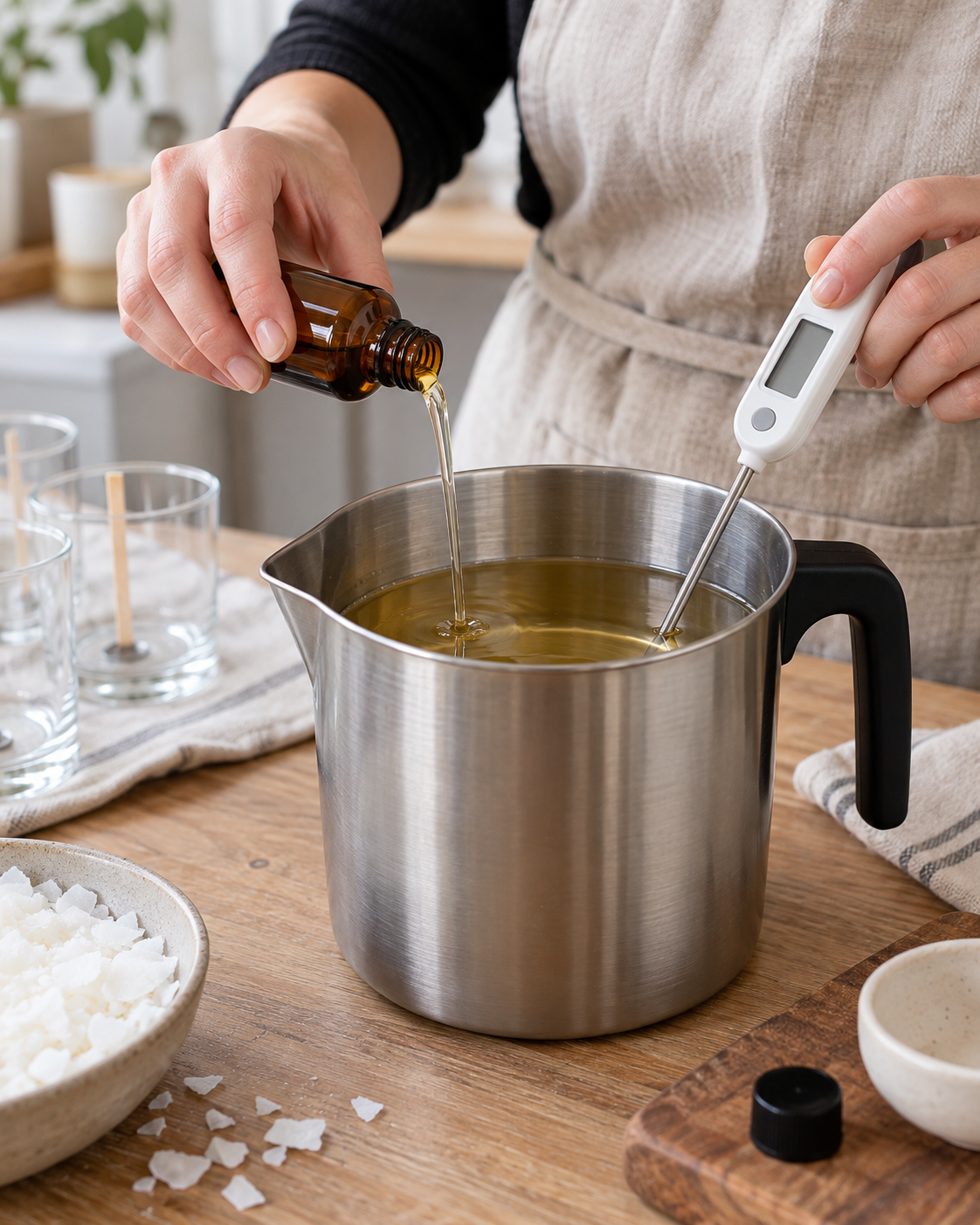 Artesã adicionando fragrância à parafina derretida enquanto verifica a temperatura