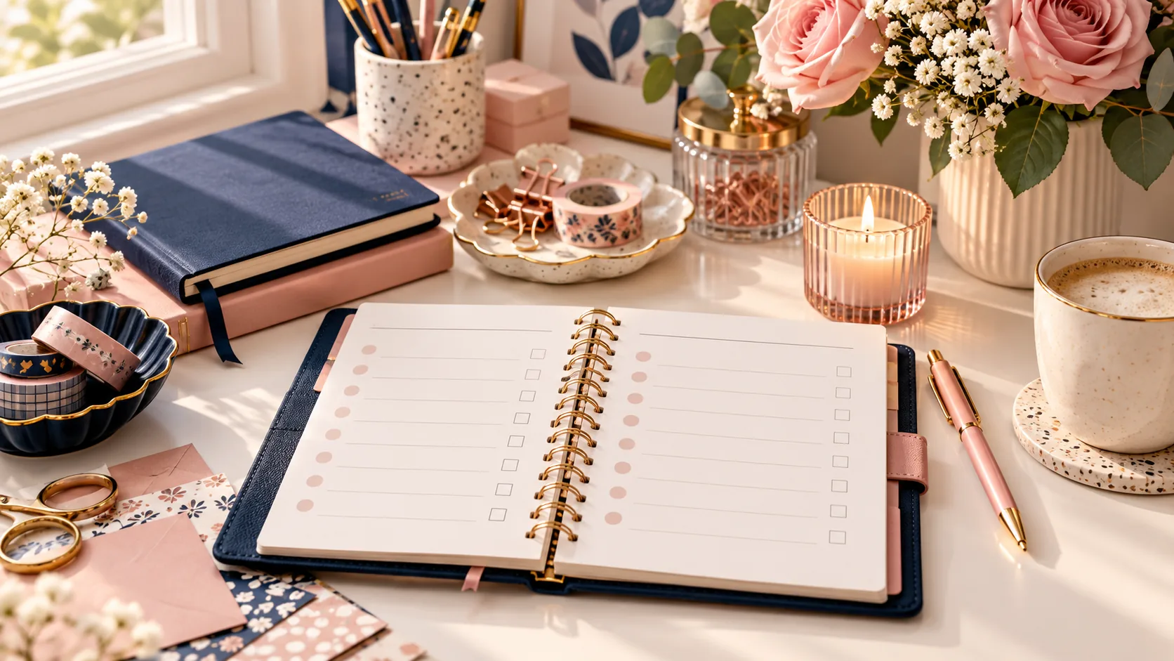 Mesa criativa com planner aberto