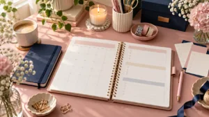 Mesa elegante com planner mensal