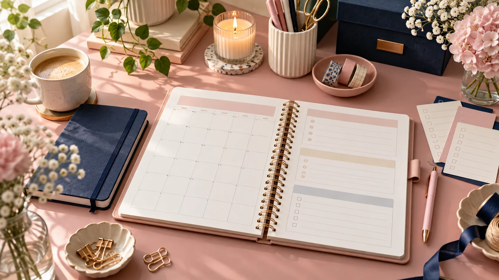 Mesa elegante com planner mensal