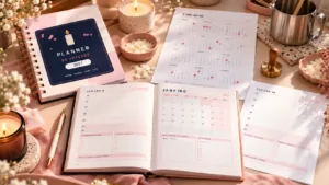Planner artesanal 2027 em rosé e marinho