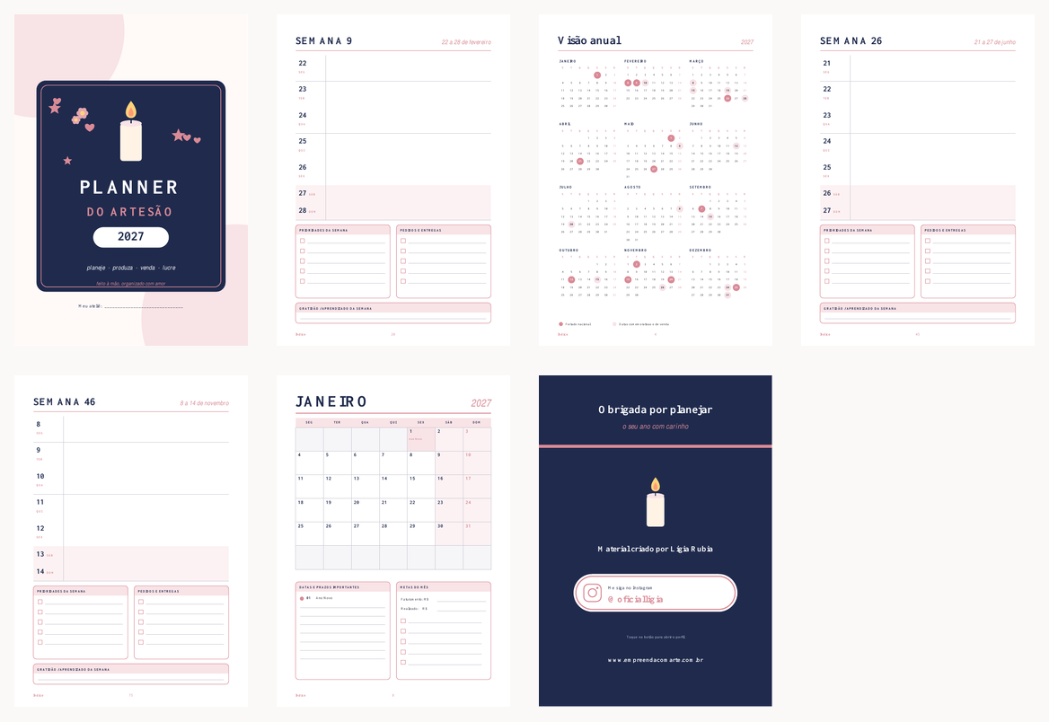 Prévia do Planner 2027 do Artesão com páginas de metas, calendário, semana e anotações