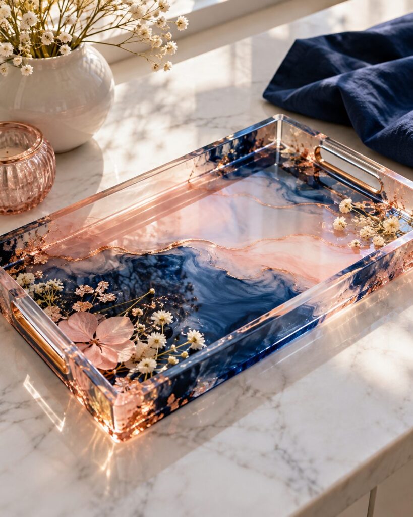 Bandeja de resina cristalina transparente, sem bolhas, com flores e detalhes rosé e azul