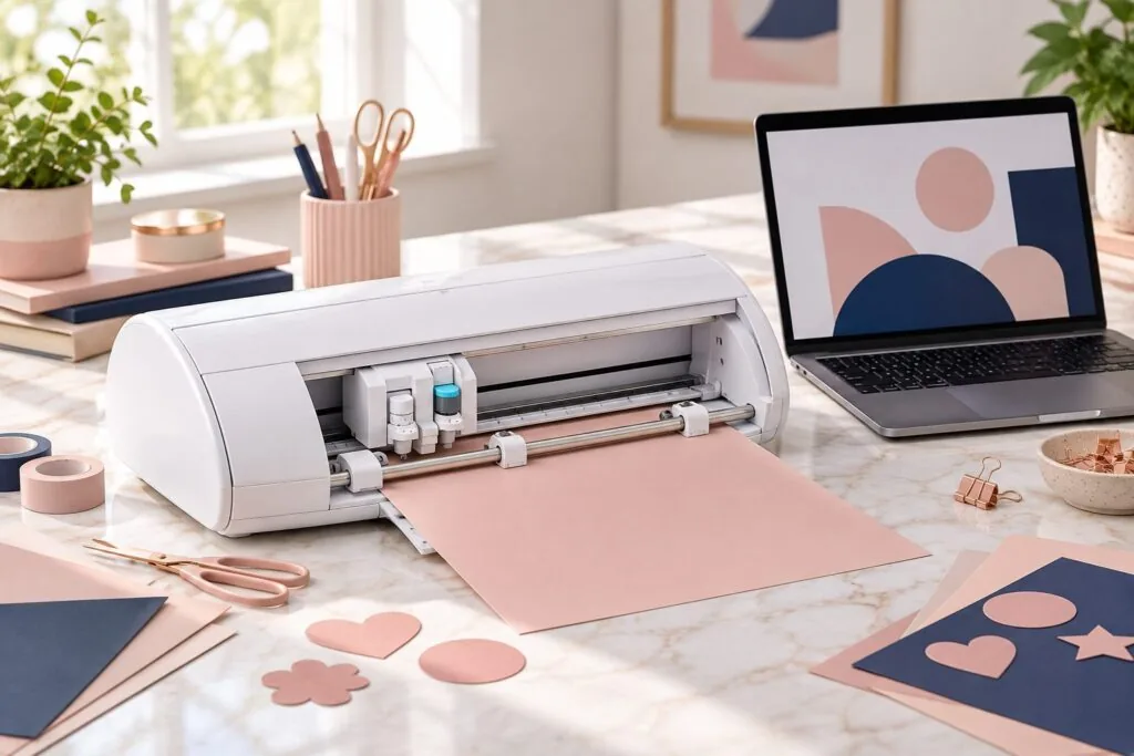 Plotter de recorte branca sobre bancada de mármore com papel rosé e notebook mostrando um programa de design