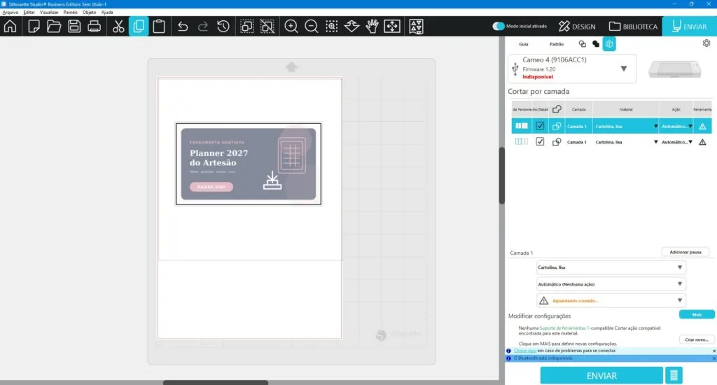 Painel Enviar do Silhouette Studio V5 com as abas Guia e Padrão, a Cameo 4 selecionada e o material