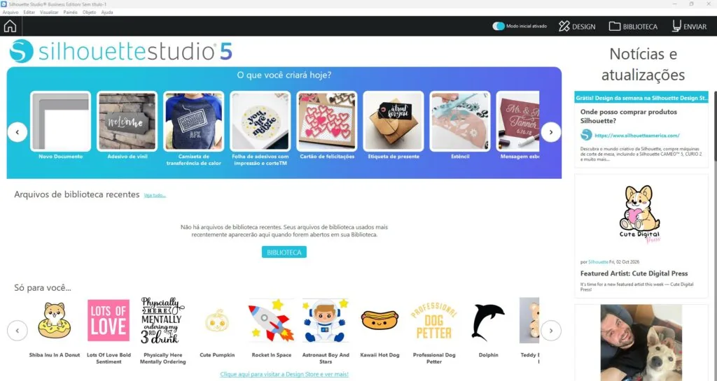 Tela inicial do Silhouette Studio 5 com sugestões de projetos, arquivos recentes e o botão Modo inicial