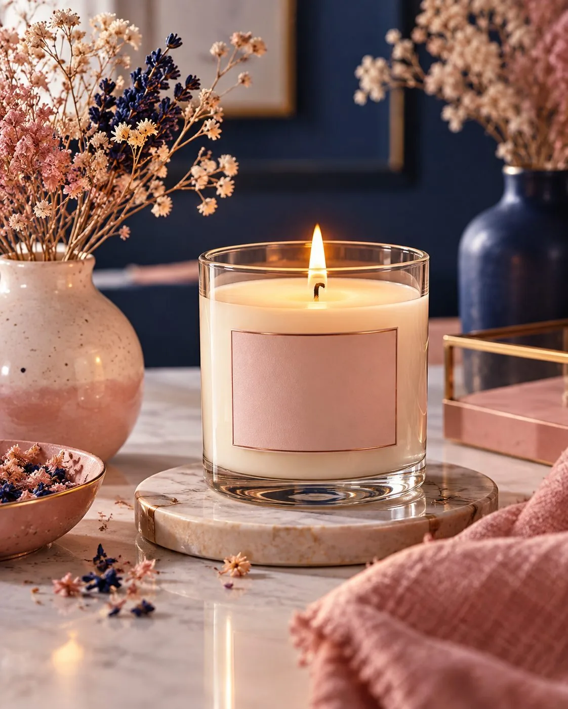 Vela aromática artesanal acesa em pote de vidro com rótulo rosé e flores secas