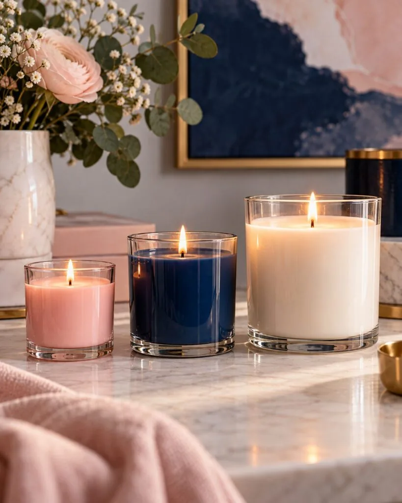 Três velas aromáticas em potes de vidro de tamanhos diferentes, lado a lado
